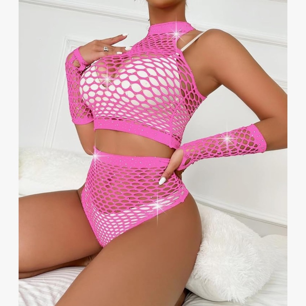 pastel rainbow rhinestone fishnet rave bikini outfit set top bottoms gloves OS